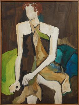 A stylized figure sits in a bold, abstract composition with vibrant colors and expressive brushwork.