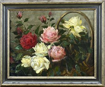 Stilleven met rozen. Scheur in linnen. Olieverf op linnen - Anna Carolina van den Berg