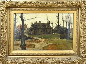 Landschap met boerderij en boerin. - Dirk Wiggers