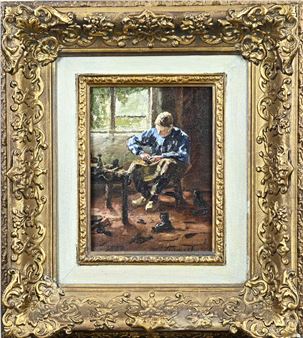 Handwerkende man. Olieverf op linnen. - Simon Duiker