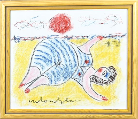 . Zonnebadende gezette dame op strand. Pastel op papier - A. Heyboer