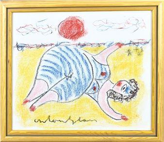 . Zonnebadende gezette dame op strand. Pastel op papier - A. Heyboer