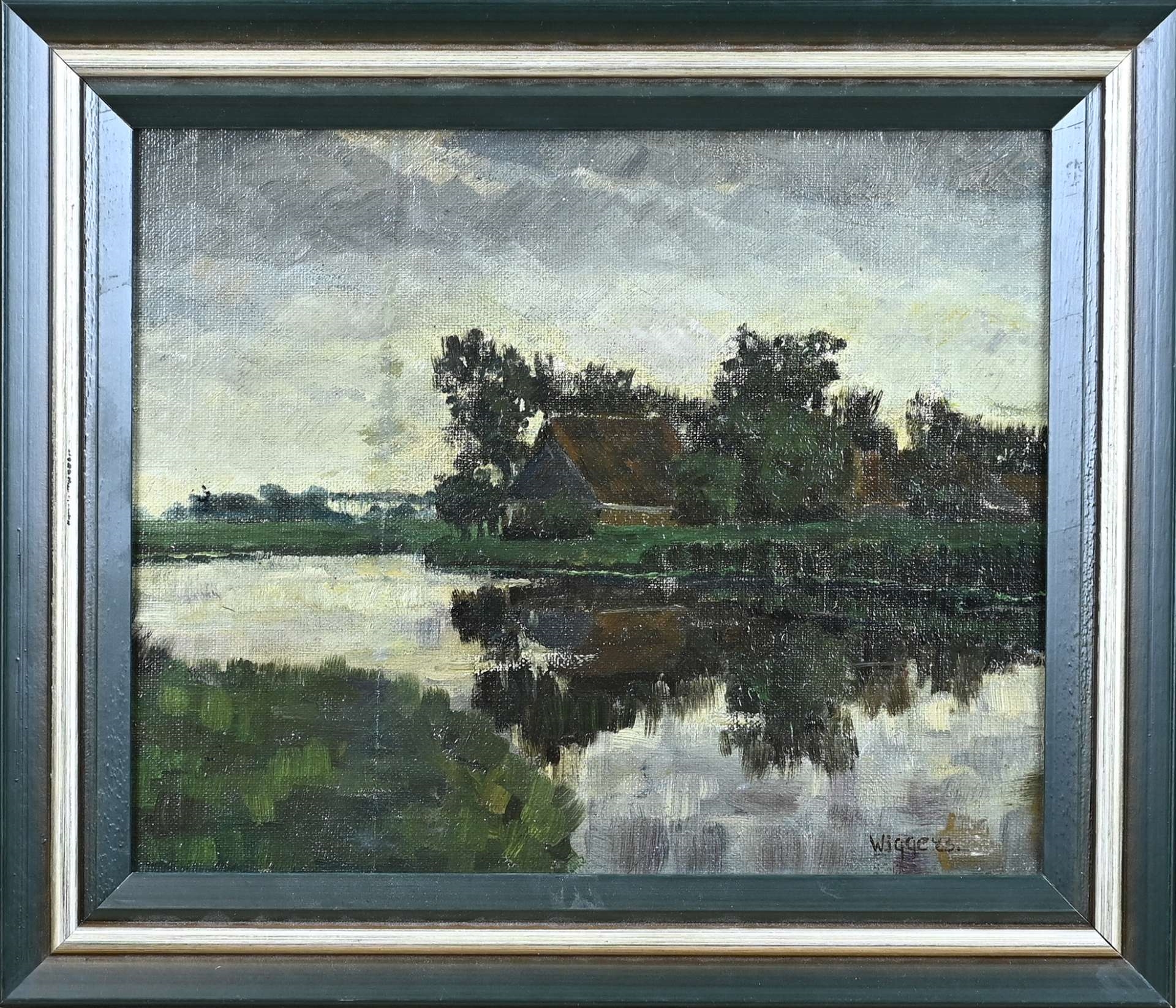 Artwork by Dirk Wiggers, Boerderij aan de waterkant. Olieverf op linnen. Marouflé., Made of olieverf op linnen