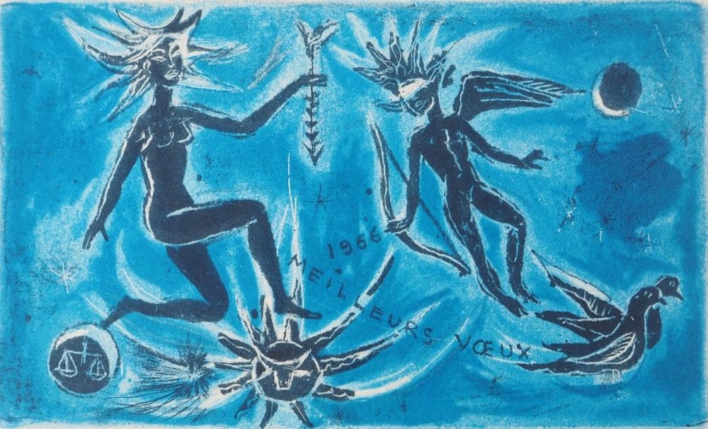 Artwork by Louis Vuillermoz, Angels in the stars, Made of original lithograph On vellum