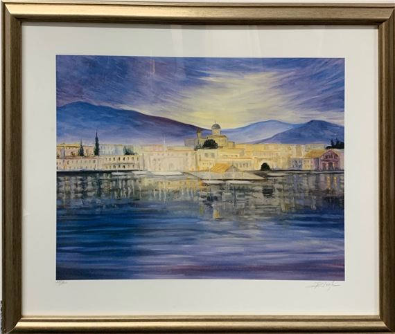 A pair of lithographs entitled "Mediterranean colors" and "Enchanted Harbor" by Randal Leigh, circa 2001