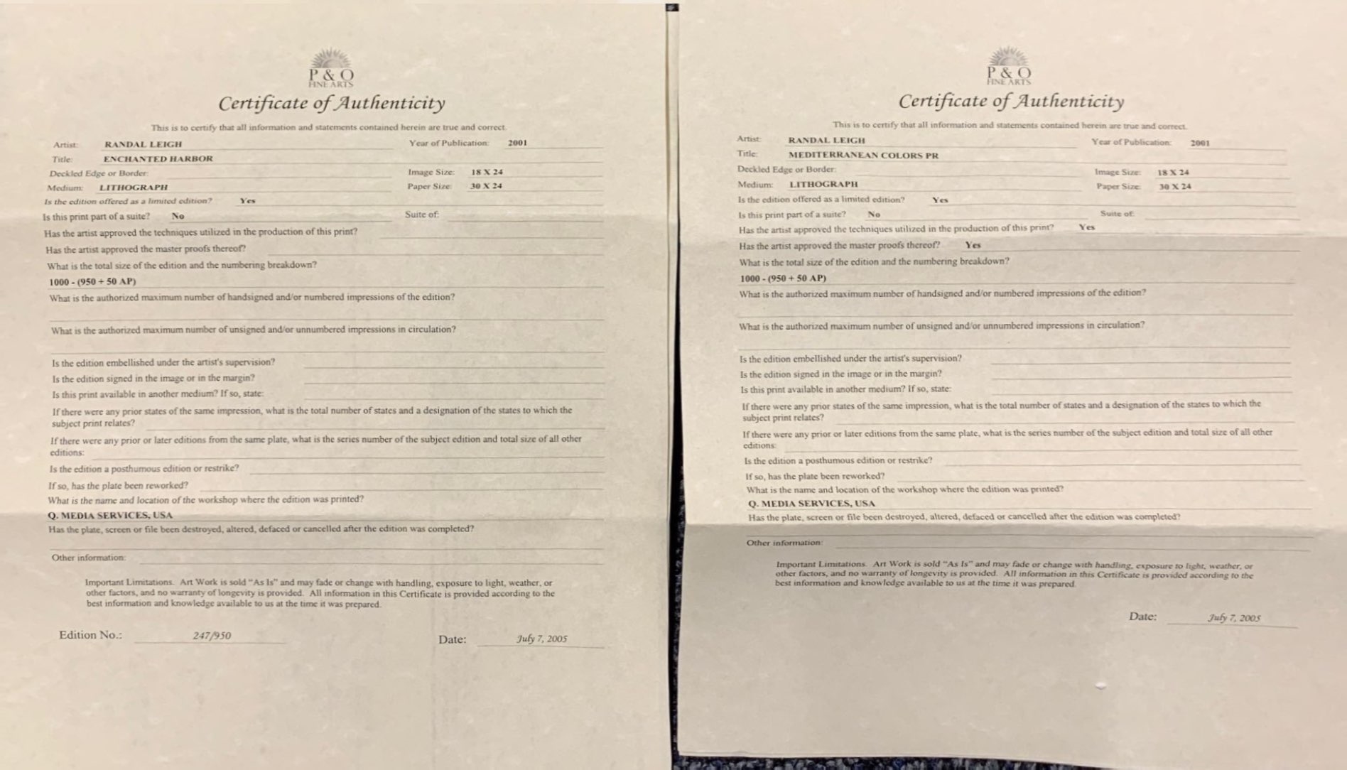 Artwork by Randal Leigh, A pair of lithographs entitled "Mediterranean colors" and "Enchanted Harbor", Made of A pair of lithographs