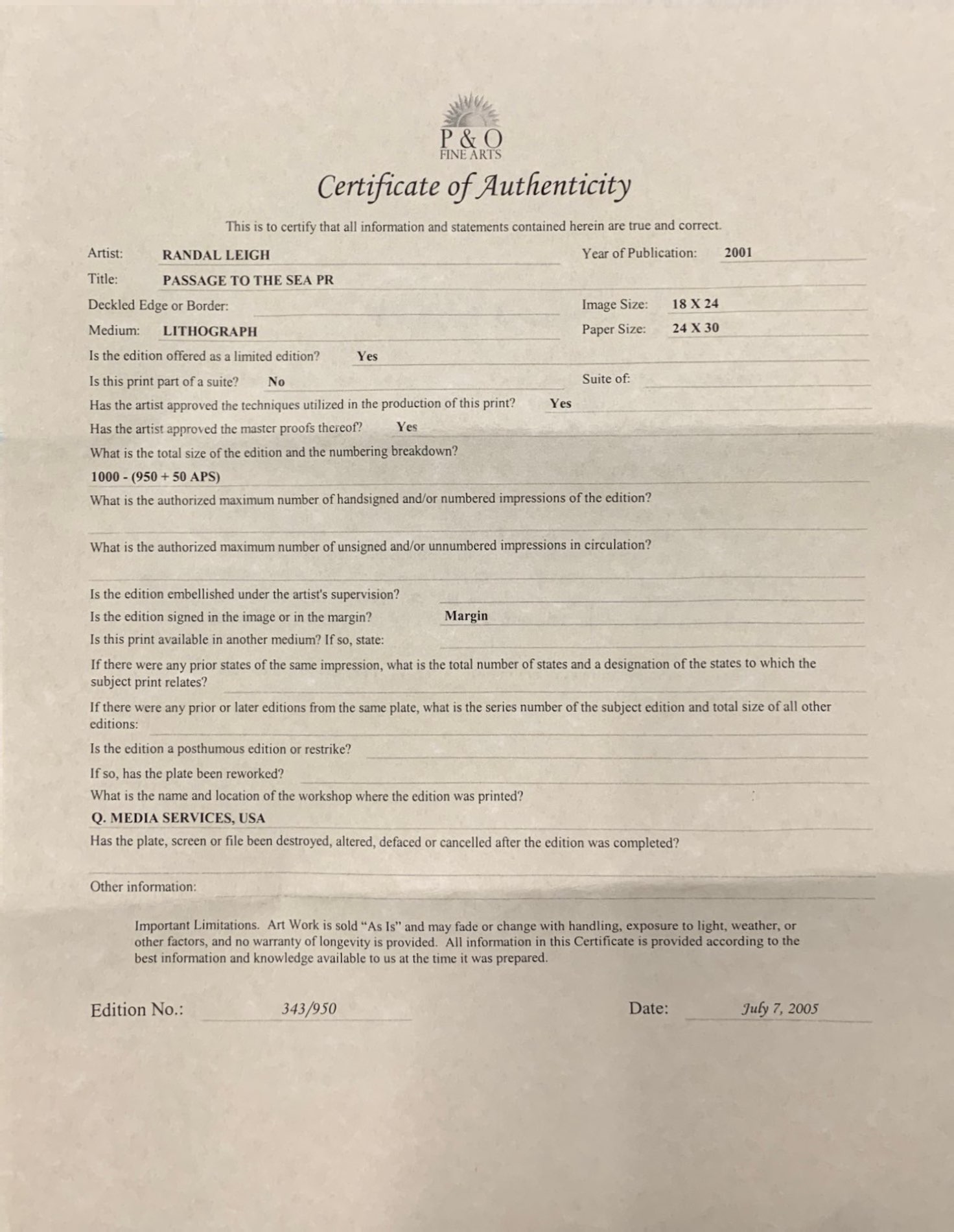 Artwork by Randal Leigh, Passage to the Sea, Made of lithograph