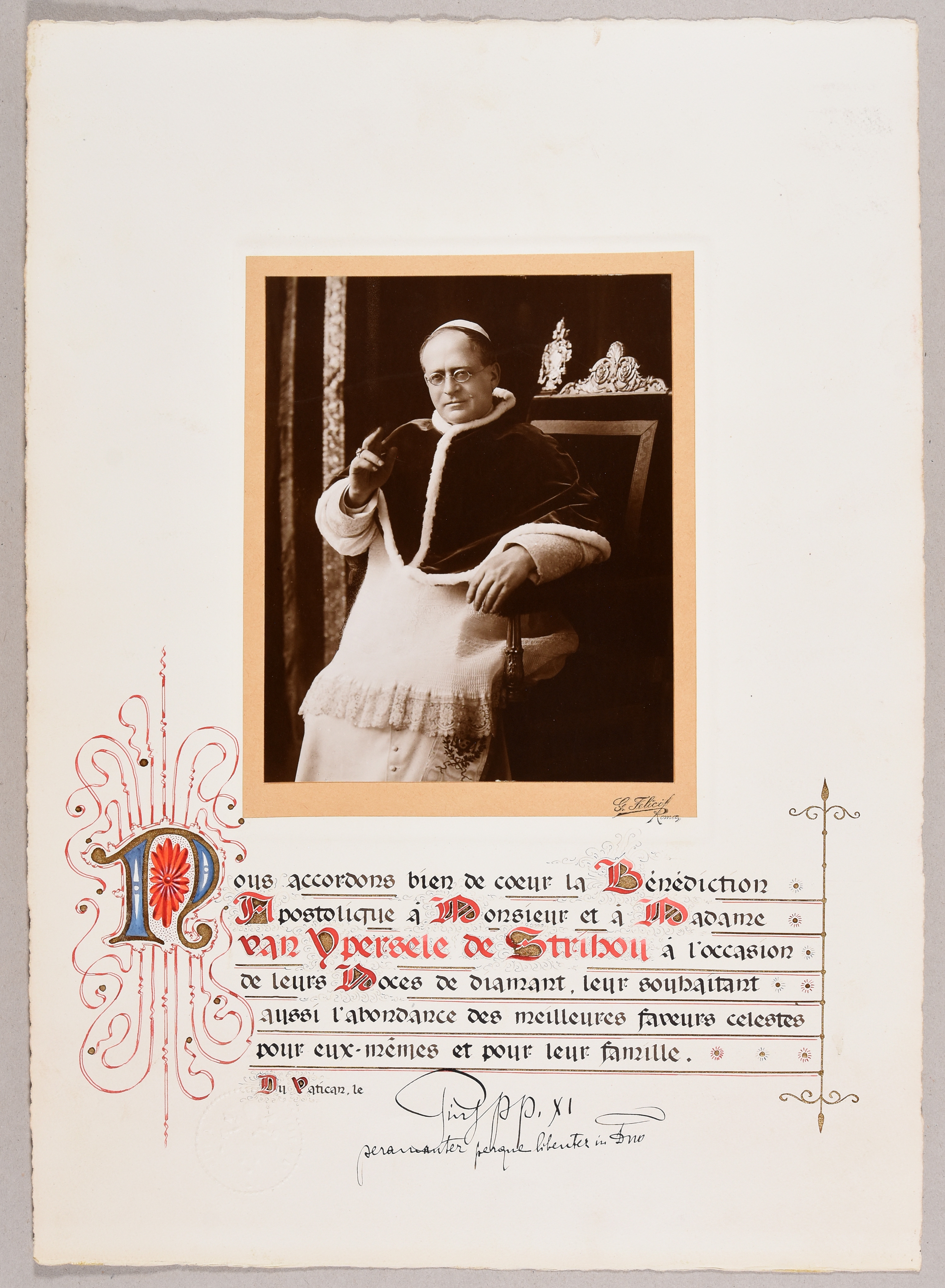 Artwork by Felice Giuseppe, Apostolic blessing "à Monsieur et à Madame van Ypersele de Strihou" by Pope Pius XI., Made of photograph