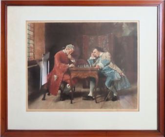 A classical oil painting of two figures in 18th-century attire playing chess at a small table.