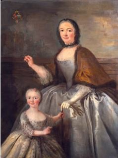 Marianne LOIR (Paris 1715 - 1769) Portrait d'une mère et son enfant devant un parapet Toile agrandie en bas d'environ 10 cm Hauteur : 132,5 cm - Marianne Loir