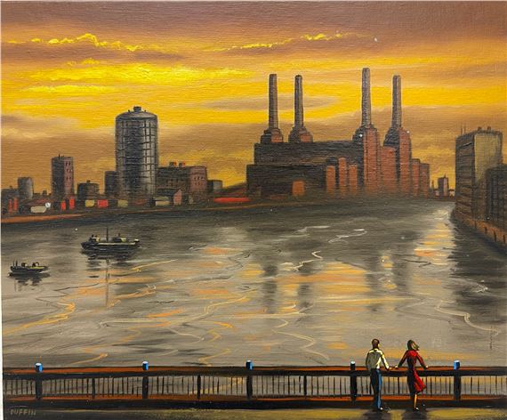 a signed oil on canvas depicting a couple looking towards Battersea Power by John Duffin