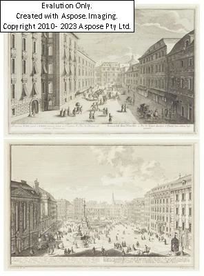 Prospect des grossen Plazes am Hoff genandt; Prospect deß Kien Marckts. a. Die St. Peters Kirchen b. Hauß zum rothen Igel genandt by Salomon Kleiner, 1683
