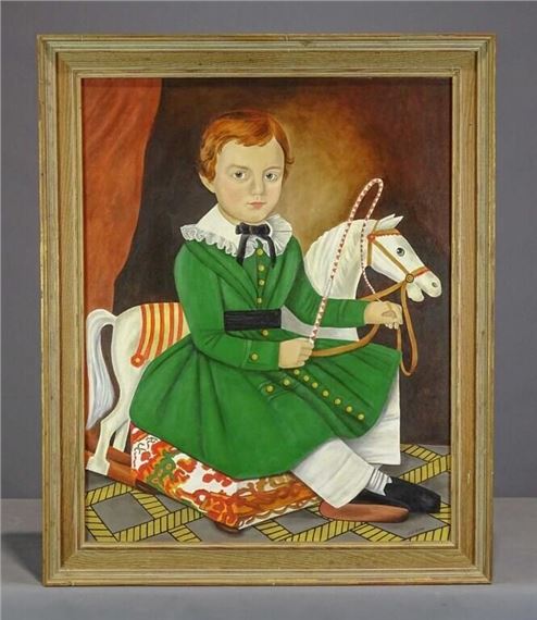folk art portrait of a boy. Oil on canvas. 30 1/2" x 24 1/2" by Evelyn S. Dubiel