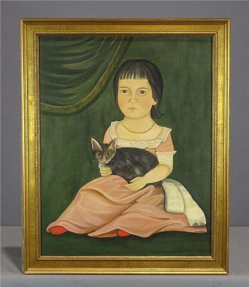 folk art portrait of a boy child with cat. Oil on canvas. 28" x 22" by Evelyn S. Dubiel