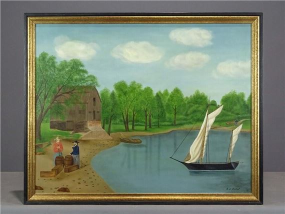 landscape with figures. Oil on canvas. 22" x 28" by Evelyn S. Dubiel