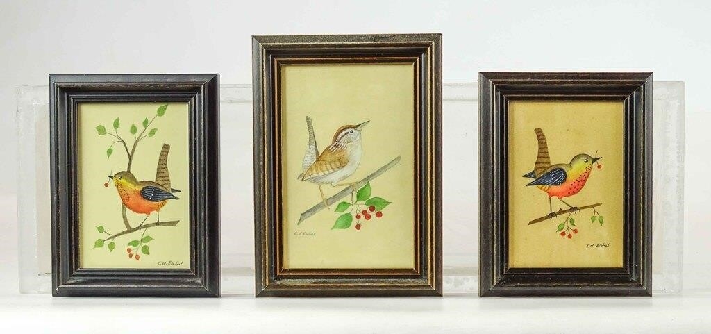 Artwork by Evelyn S. Dubiel, (3) bird watercolors. Largest frame overall 7" x 5". Provenance: Descendant of the artist., Made of watercolors