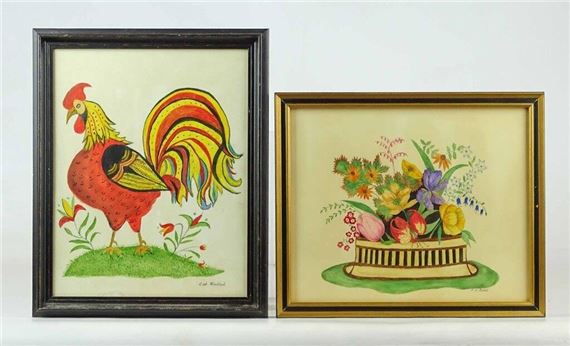 (2) folk art watercolors. Largest frame overall 11 1/2" x 9". Provenance: Descendant of the artist. by Evelyn S. Dubiel
