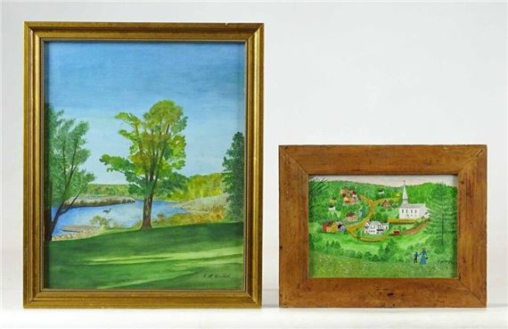 (2) folk art watercolors. Largest frame overall 13" x 10 1/2". Provenance: Descendant of the artist. by Evelyn S. Dubiel