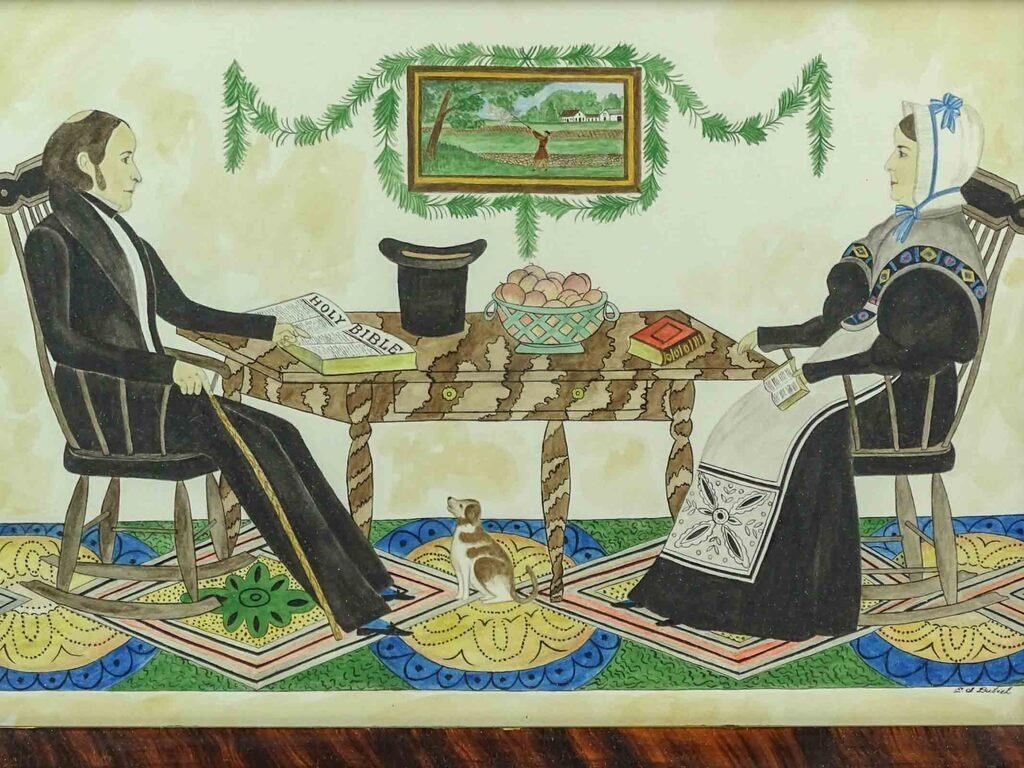 Artwork by Evelyn S. Dubiel, folk art watercolor. Overall 11 1/2" x 15 1/2". Provenance: Descendant of the artist., Made of watercolor