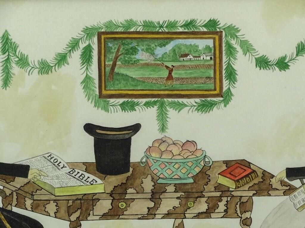 Artwork by Evelyn S. Dubiel, folk art watercolor. Overall 11 1/2" x 15 1/2". Provenance: Descendant of the artist., Made of watercolor