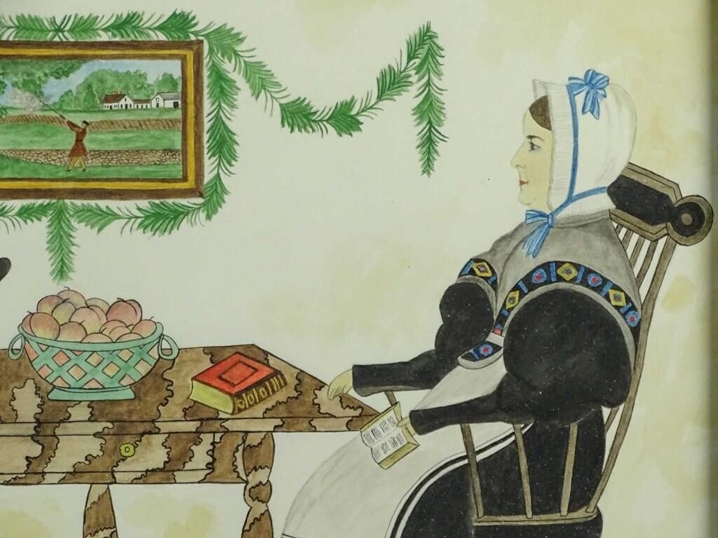 Artwork by Evelyn S. Dubiel, folk art watercolor. Overall 11 1/2" x 15 1/2". Provenance: Descendant of the artist., Made of watercolor