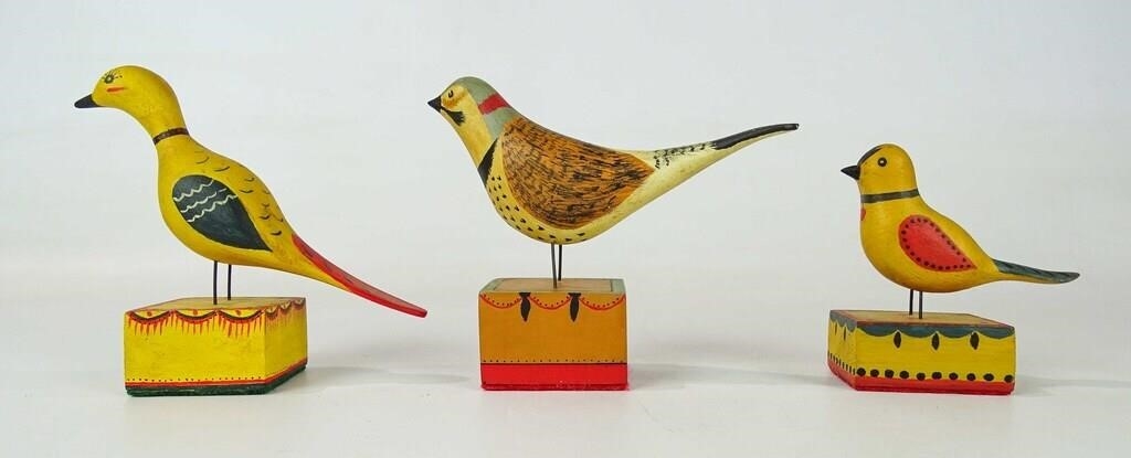 Artwork by John Dubiel, Lot (3) John Dubiel bird carvings. Tallest 5 1/2" Ht.., Made of carvings