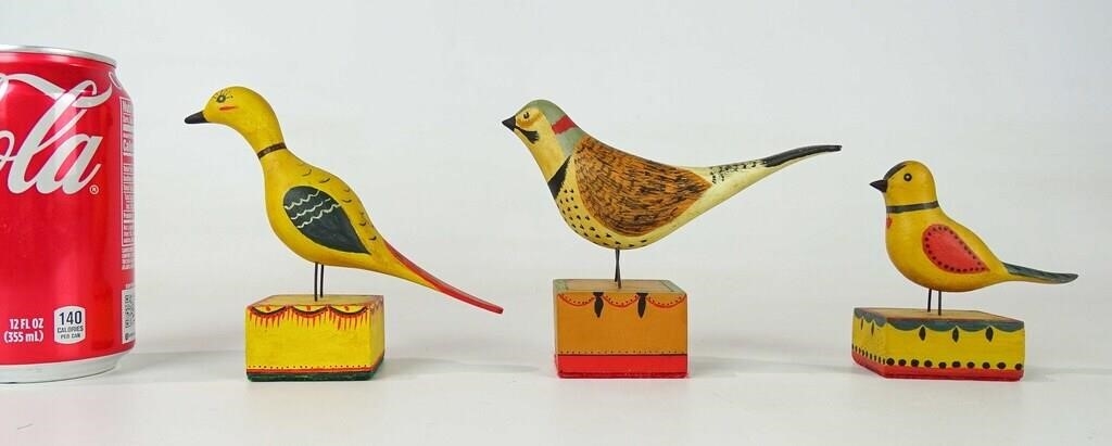 Artwork by John Dubiel, Lot (3) John Dubiel bird carvings. Tallest 5 1/2" Ht.., Made of carvings