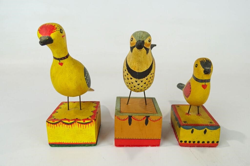 Artwork by John Dubiel, Lot (3) John Dubiel bird carvings. Tallest 5 1/2" Ht.., Made of carvings