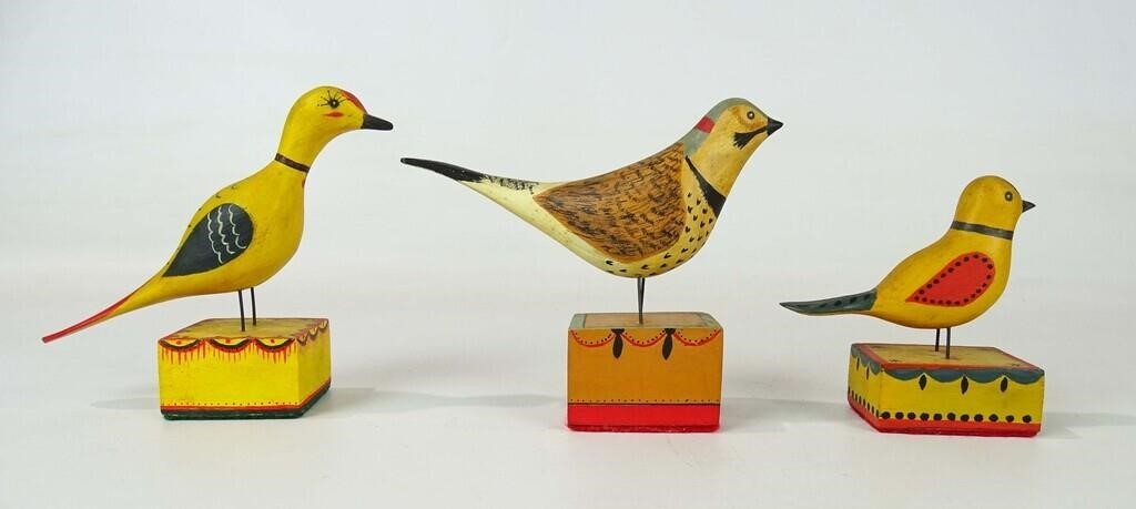 Artwork by John Dubiel, Lot (3) John Dubiel bird carvings. Tallest 5 1/2" Ht.., Made of carvings
