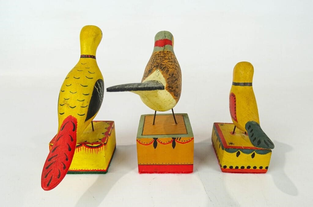 Artwork by John Dubiel, Lot (3) John Dubiel bird carvings. Tallest 5 1/2" Ht.., Made of carvings