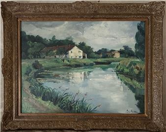 A serene landscape painting of a river reflecting a rural village under an overcast sky.