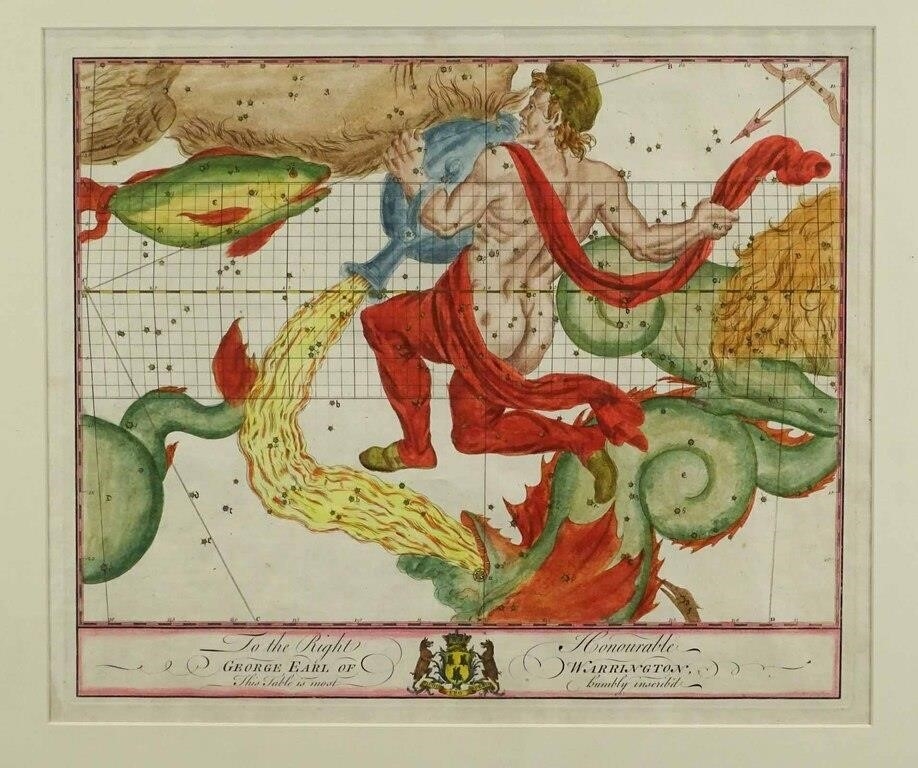 Artwork by George Earl, 18th c. hand colored Zodiac lithograph. "The The Right Honourable GEORGE EARL OF WARRINGTON…". Sight 13" x 15 1/2", Made of copperplate engraving