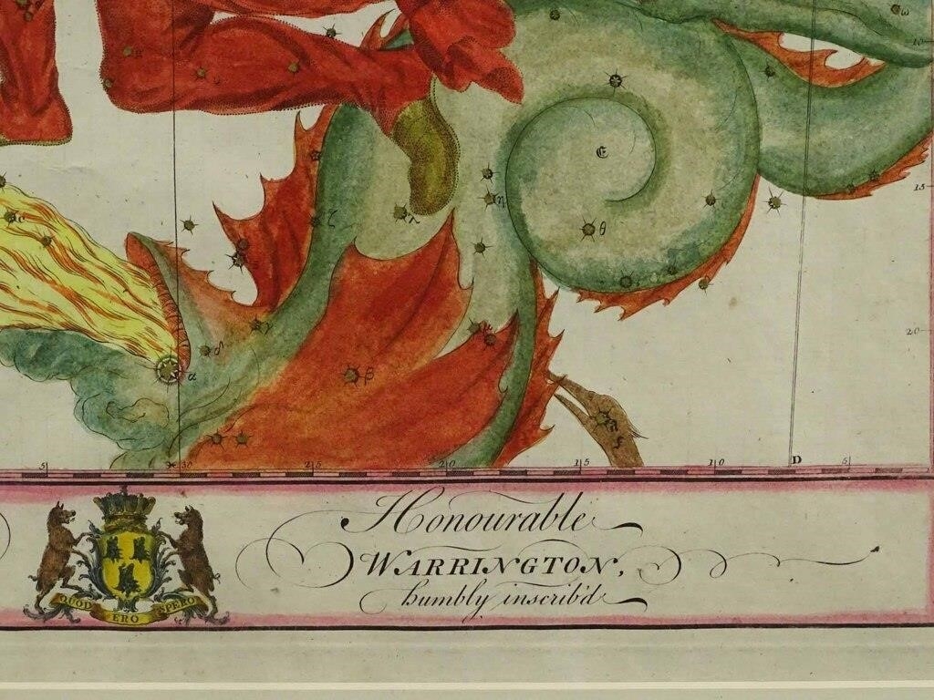 Artwork by George Earl, 18th c. hand colored Zodiac lithograph. "The The Right Honourable GEORGE EARL OF WARRINGTON…". Sight 13" x 15 1/2", Made of copperplate engraving