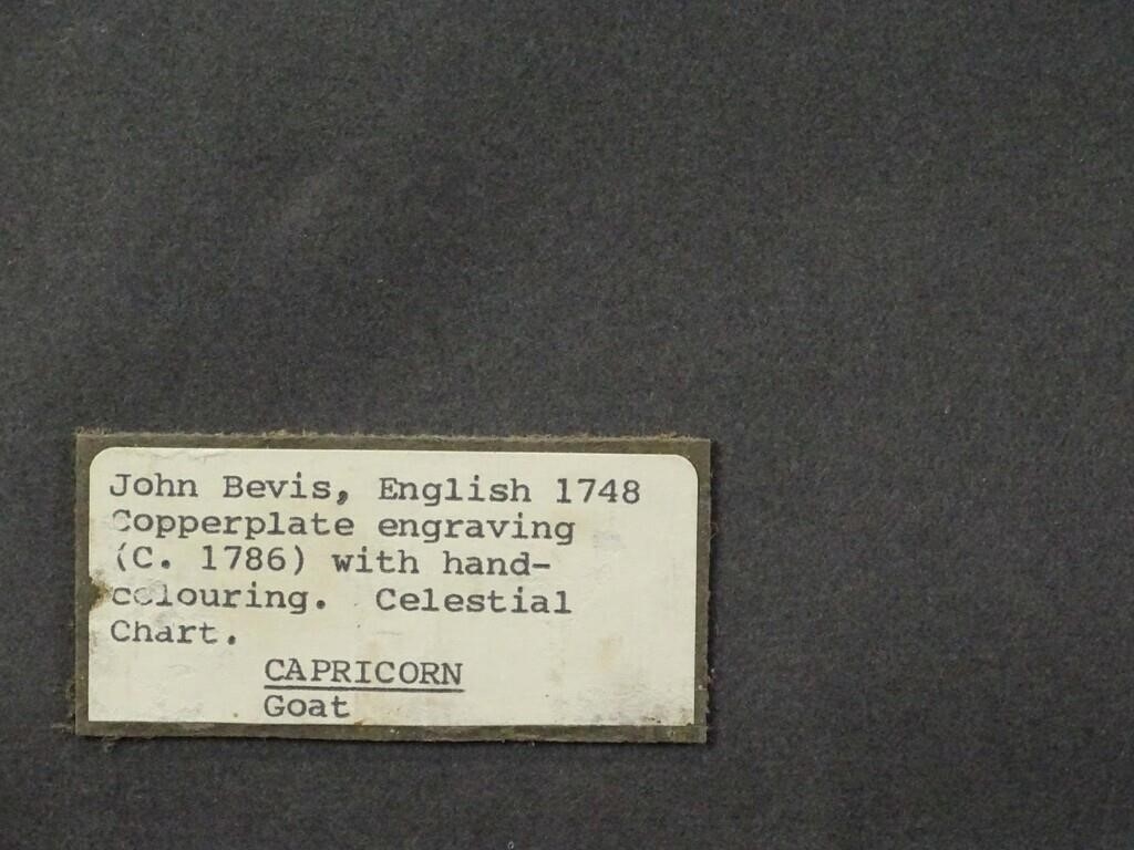 Artwork by George Earl, 18th c. hand colored Zodiac lithograph. "The The Right Honourable GEORGE EARL OF WARRINGTON…". Sight 13" x 15 1/2", Made of copperplate engraving