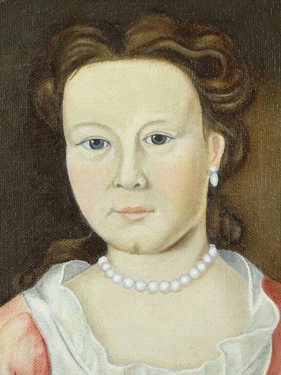Artwork by Evelyn S. Dubiel, folk art portrait of a lady. Oil on canvas. Unframed. 20" x 16". Provenance: Descendant of the artist., Made of Oil on canvas