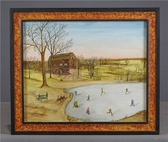 watercolor. "Skating at Wethersfield Cove". Sight 13" x 16"