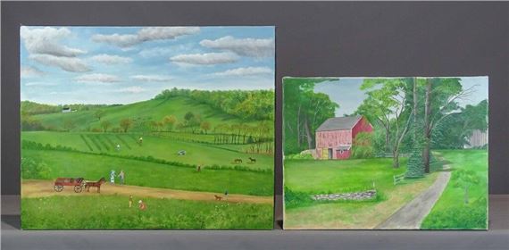 (2) unframed landscapes. 24" x 30 1/2" and 18" x 24". Oil on canvas. Provenance: Descendant of the artist. by Evelyn S. Dubiel