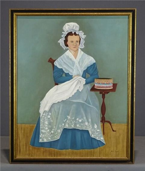 folk art portrait of a woman. Oil on canvas. 28" x 22" by Evelyn S. Dubiel