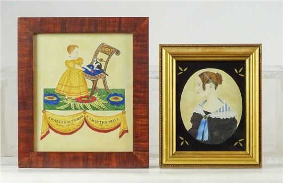 (2) folk art watercolors. Largest frame overall 9 1/2" x 8". Provenance: Descendant of the artist.