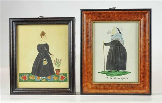 two folk art watercolors. Largest frame 10 1/2" x 8 1/2". Provenance: Descendant of the artist. by Evelyn S. Dubiel