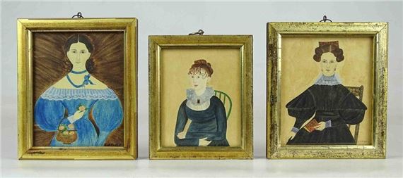 (3) folk art watercolors. Largest frame 6" x 5". Provenance: Descendant of the artist.