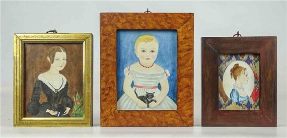 (3) folk art watercolors. Largest frame overall 7" x 5 1/2". Provenance: Descendant of the artist.