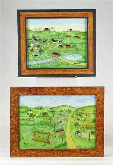 (2) folk art watercolors. Largest frame overall 13" x 15 1/2".. Provenance: Descendant of the artist. by Evelyn S. Dubiel