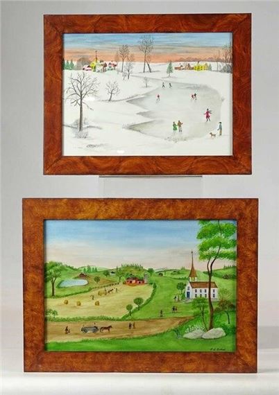 (2) folk art watercolors. Largest frame overall 12 1/2" x 16 1/2". Provenance: Descendant of the artist. by Evelyn S. Dubiel