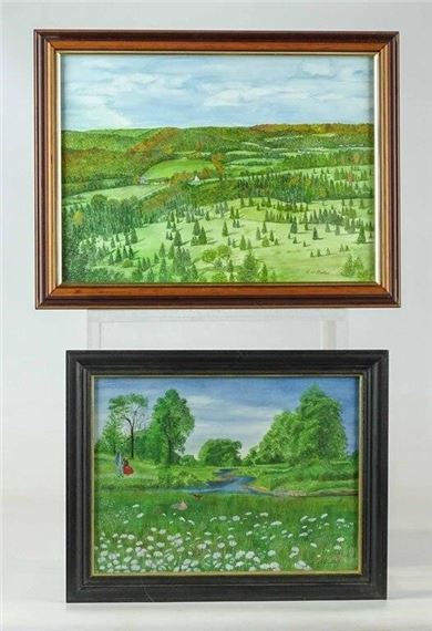 (2) folk art watercolors. Largest frame overall 11 1/2" x 15". Provenance: Descendant of the artist.