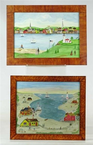 (2) folk art watercolors. Largest frame overall 12 1/2" x 16 1/2". Provenance: Descendant of the artist.
