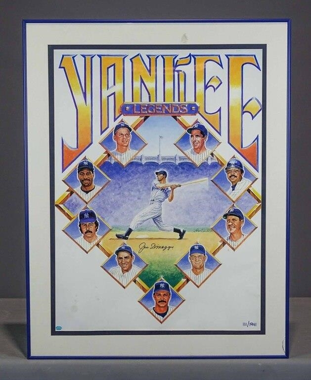 Artwork by Joe Dimaggio, Joe Dimaggio Baseball autographed Yankee Legends print. 111/1941. COA backside. Glass has small crack lower right. 30" x 22", Made of glass