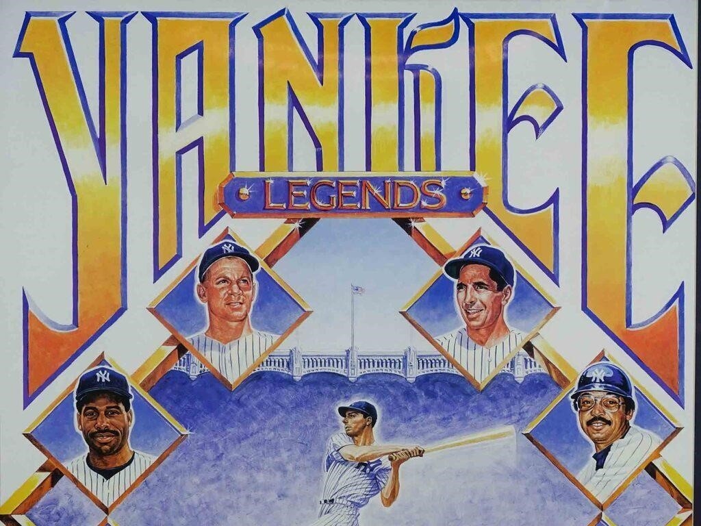 Artwork by Joe Dimaggio, Joe Dimaggio Baseball autographed Yankee Legends print. 111/1941. COA backside. Glass has small crack lower right. 30" x 22", Made of glass