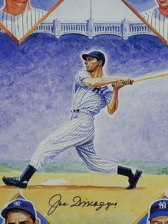 Artwork by Joe Dimaggio, Joe Dimaggio Baseball autographed Yankee Legends print. 111/1941. COA backside. Glass has small crack lower right. 30" x 22", Made of glass