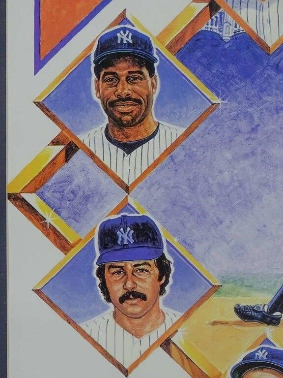 Artwork by Joe Dimaggio, Joe Dimaggio Baseball autographed Yankee Legends print. 111/1941. COA backside. Glass has small crack lower right. 30" x 22", Made of glass